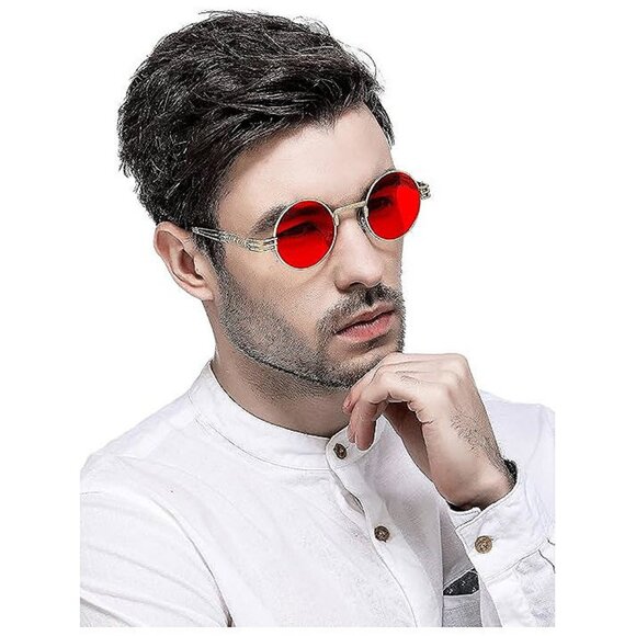Round Steampunk Sunglasses 2 Pack (Gold/Red,gold/Grey) - Picture 3 of 7
